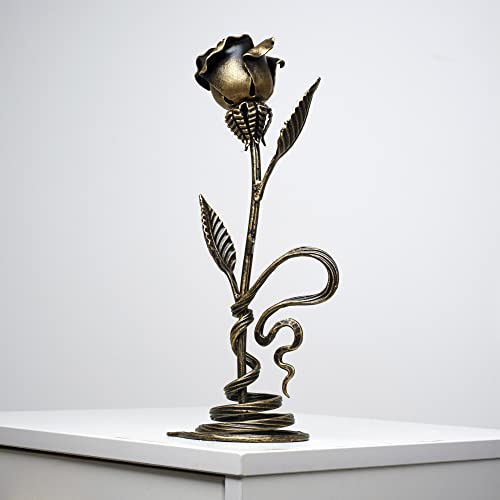 Hand-Forged Bronze Metal Rose with Stand – 8th or 19th for Her, Wife, Husband or Couple – Romantic Eternal Metal Rose Sculpture