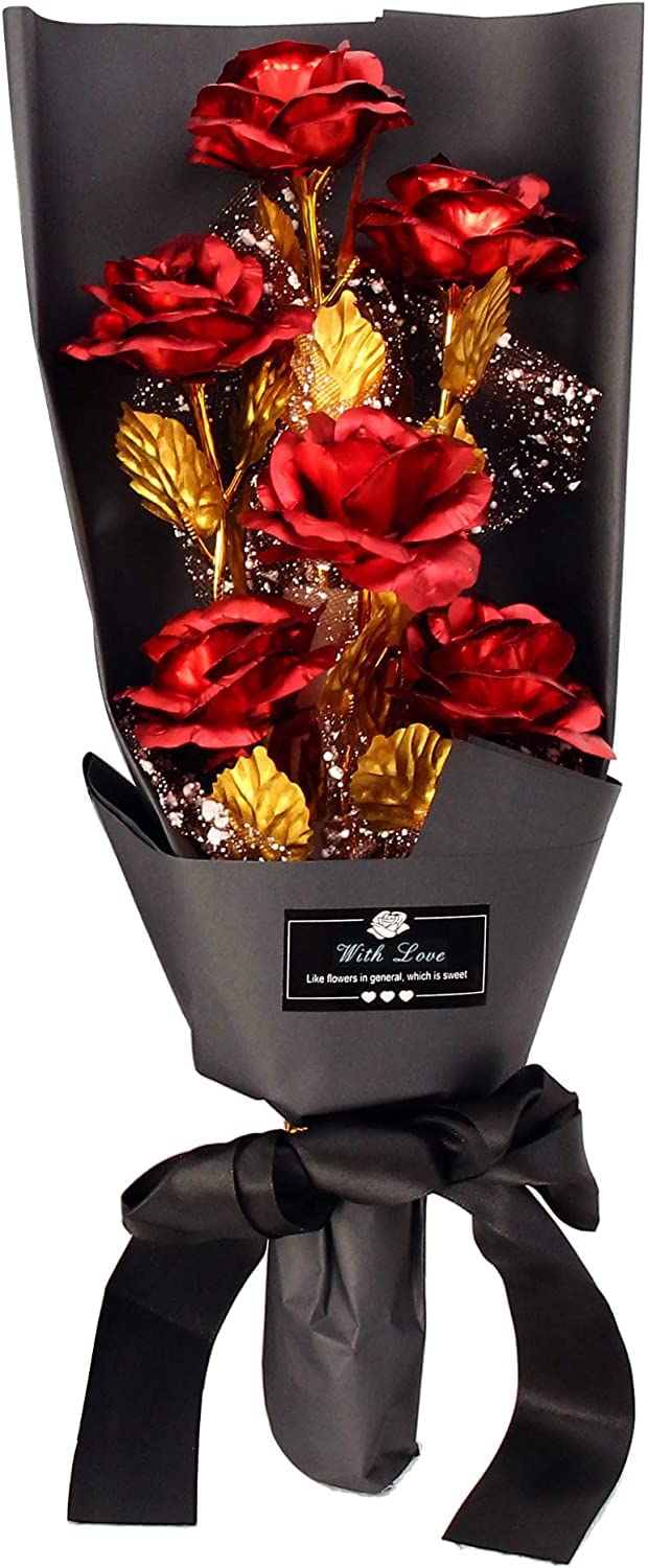 WOORI Gold Rose Bouquet – Elegant Gold-Plated Artificial Roses in Luxury Gift Box for Her, Anniversary, Valentine’s Day, Birthday