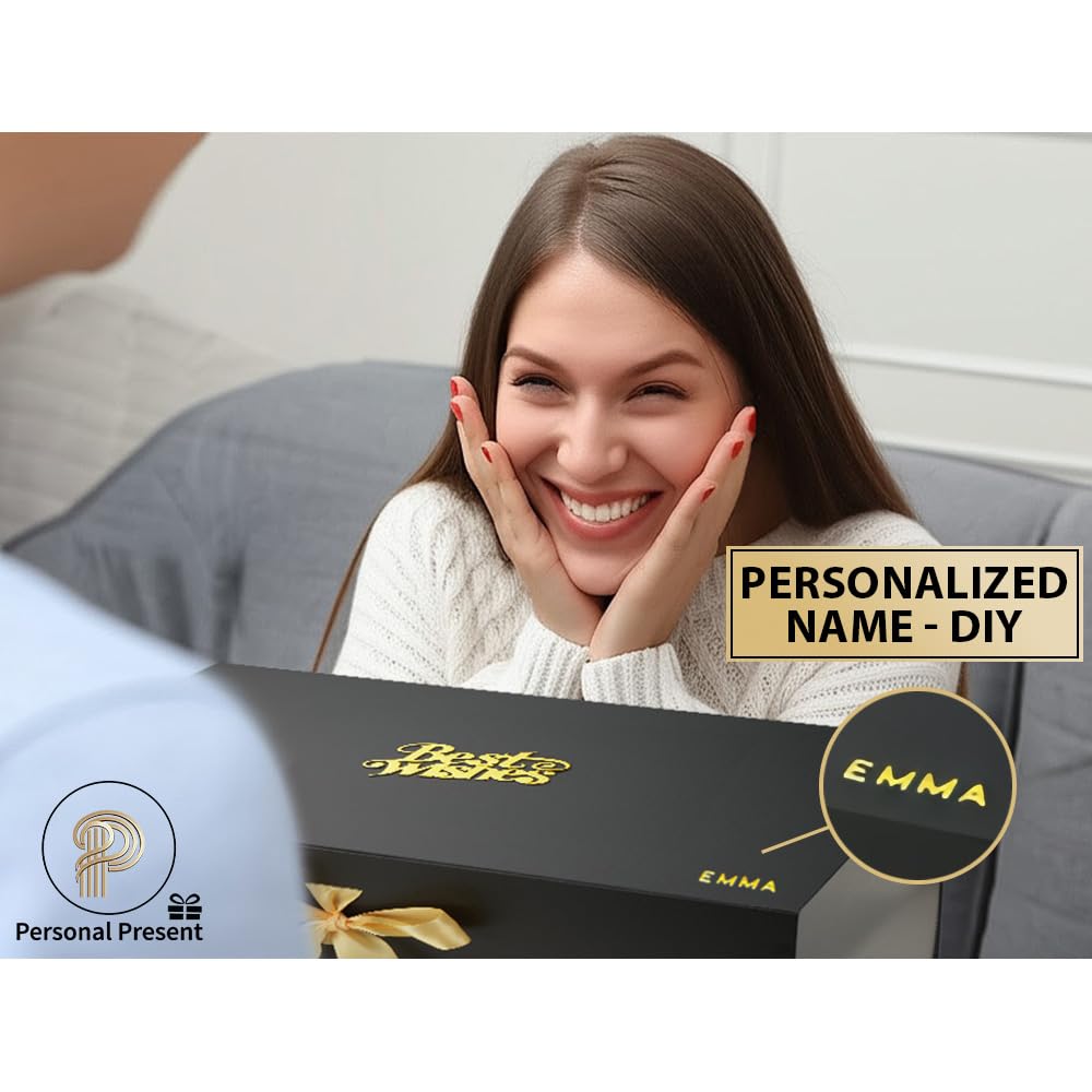 Luxury Black Personalized Gift Box XL (18x12x8"), Instant DIY Lettering Kit for Custom Names & Best Wishes message, Magnetic Lid, Ribbon