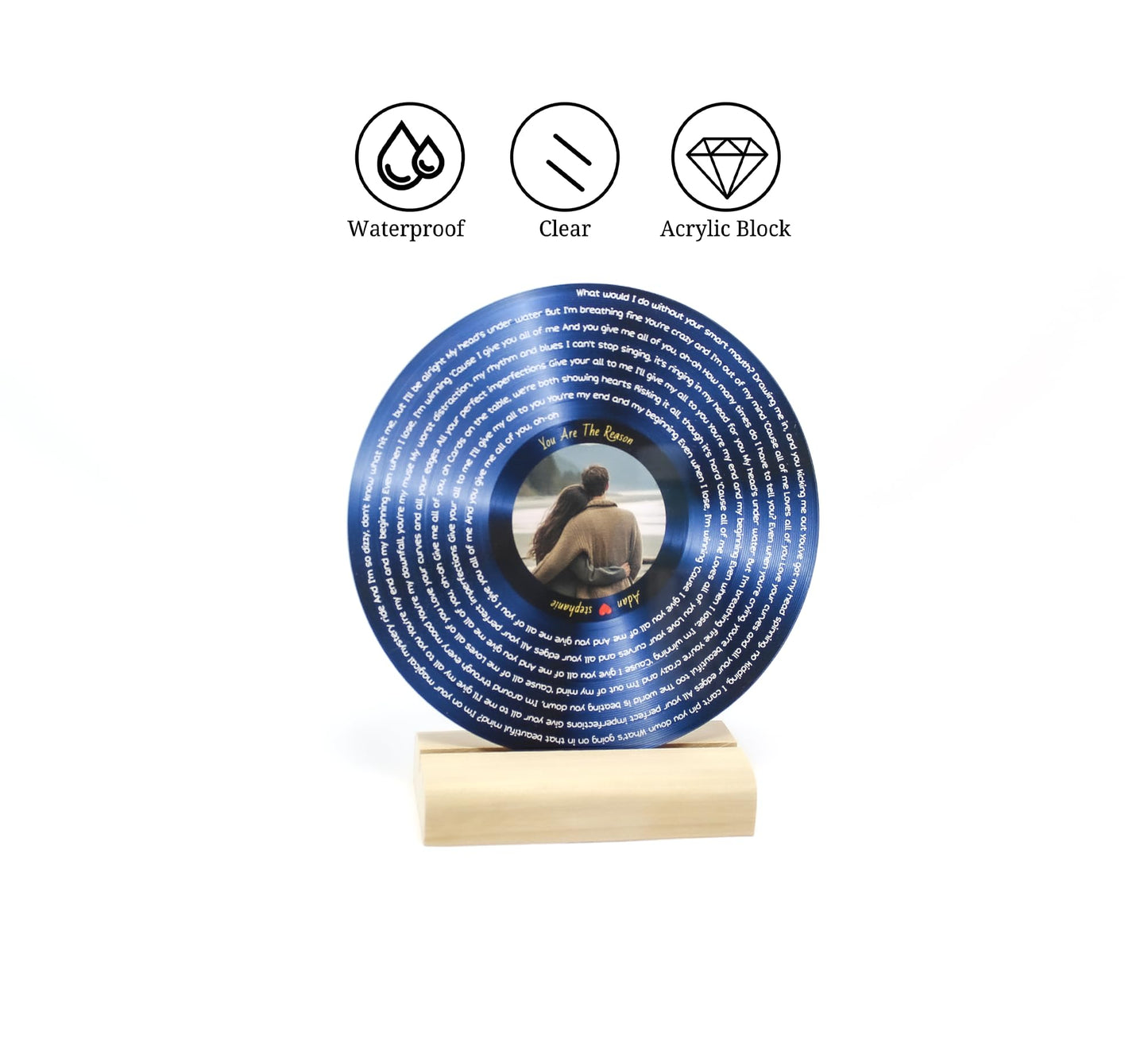 Personalized Acrylic Song Lyrics with Photo Gifts for Couples Customized Vynil Record Photo Anniversary Picture Romantic Gifts for Him Frame Cool Things for Your Room (Wood Stand)