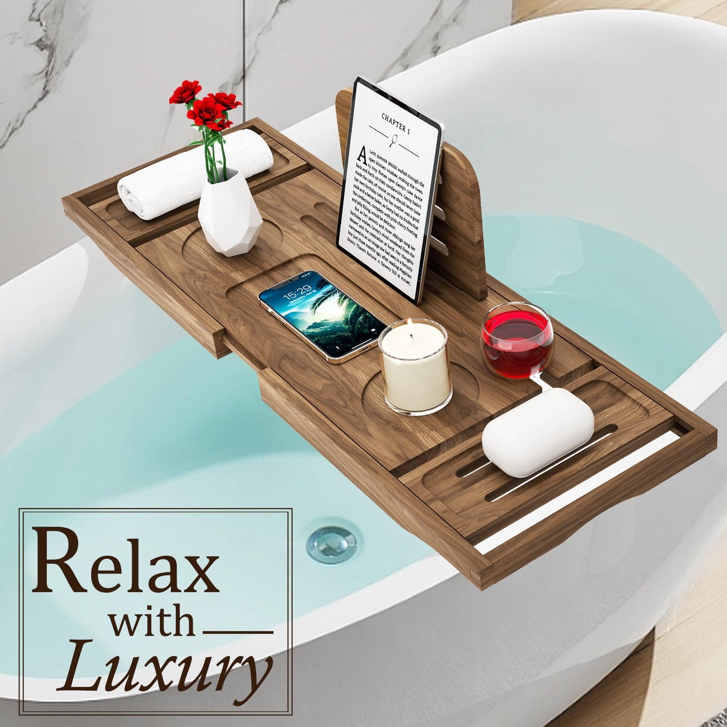 Premium Teak Bathtub Tray Caddy, Expandable Wooden Bath Tray for Bathub, Luxury Bathtub & Bathroom Accessories, Great House Warming, Anniversary & Wedding and Birthday Gifts