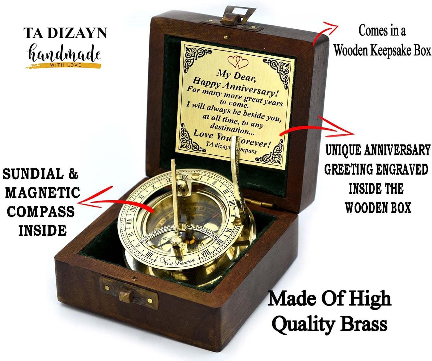 Anniversary Sundial Compass Gift for Him or Her-Unique Gift Ideas for Husband or Wife, Men Wedding Anniversary 50th 40th 25th 20th Year Celebration, Naval Maritime Pocket Watch Clock, Sun Clock