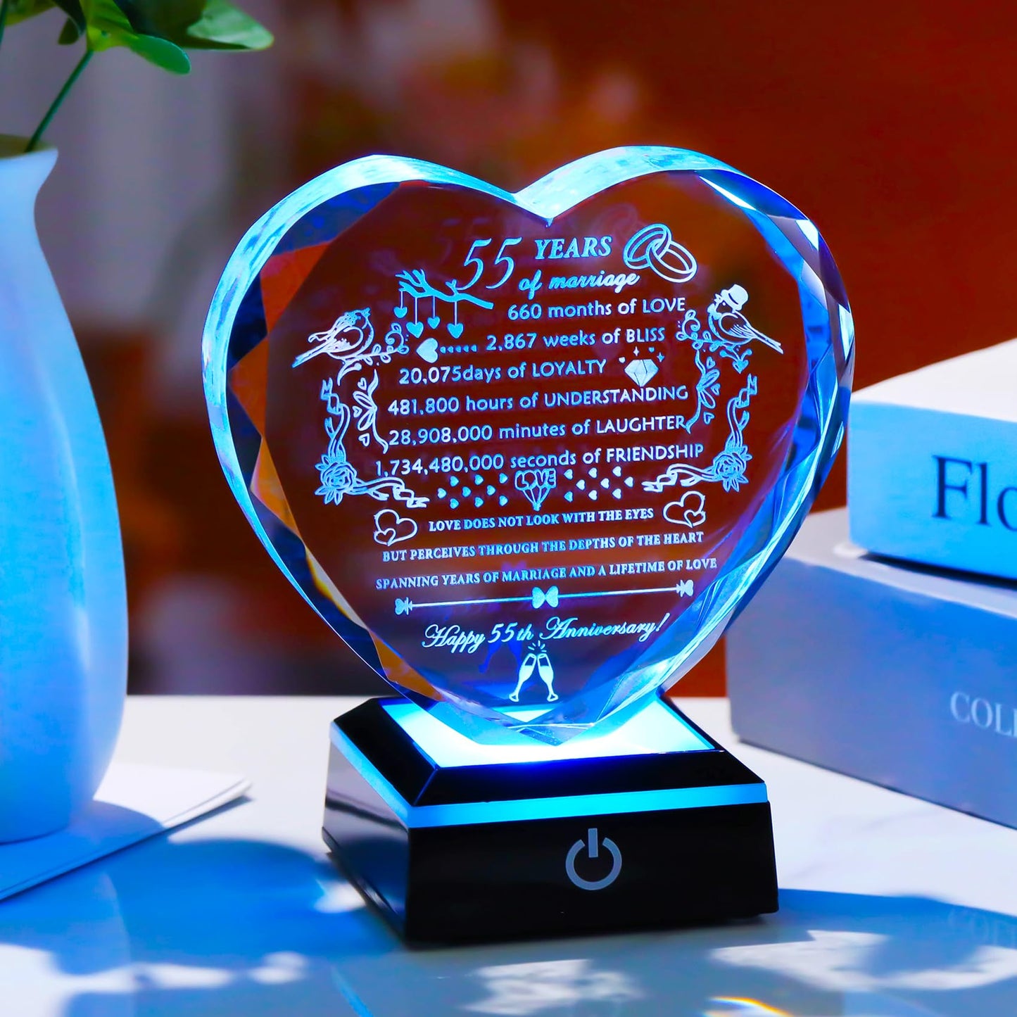 YWHL 55th Wedding Anniversary Heart Gifts with Colorful LED Base Engraved Happy 55th Anniversary Crystal Keepsake Gift for Couples Parents Romantic 55 Years of Marriage Gifts for Wife Husband