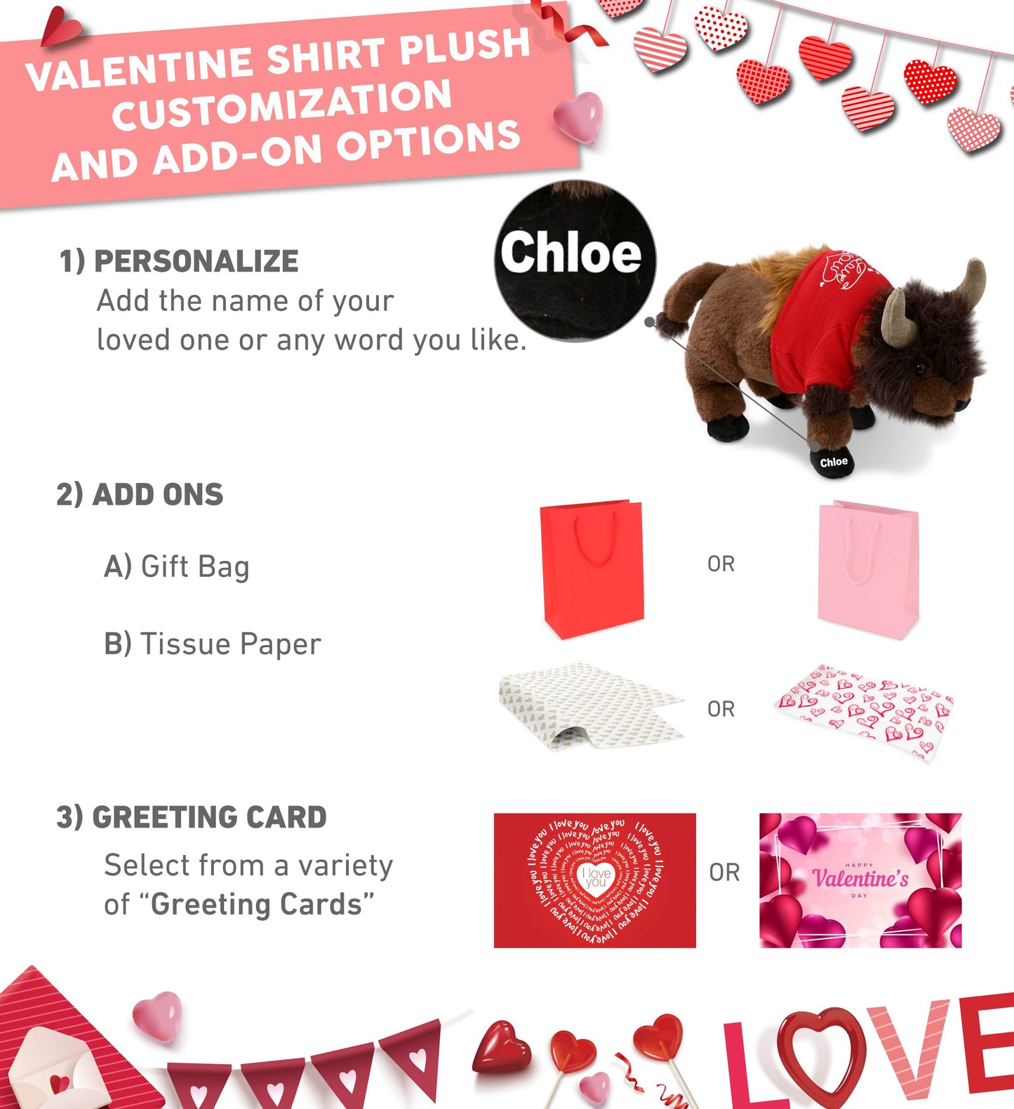 DolliBu I Love You Valentine Plush Buffalo - Cute Stuffed Animal with Red Shirt and Name Personalization Gift for Valentines Day, Birthday, Anniversary, Romantic Date - 13 Inches