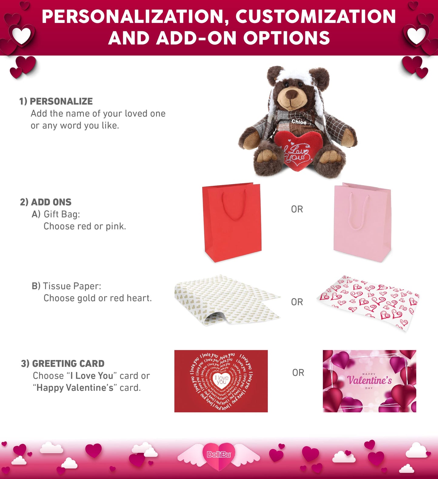 DolliBu I Love You Valentine Plush Brown Bear with Clothes - Cute Stuffed Animal with Red Heart and Name Personalization Gift for Valentines Day, Birthday, Anniversary, Romantic Date - 11 Inches