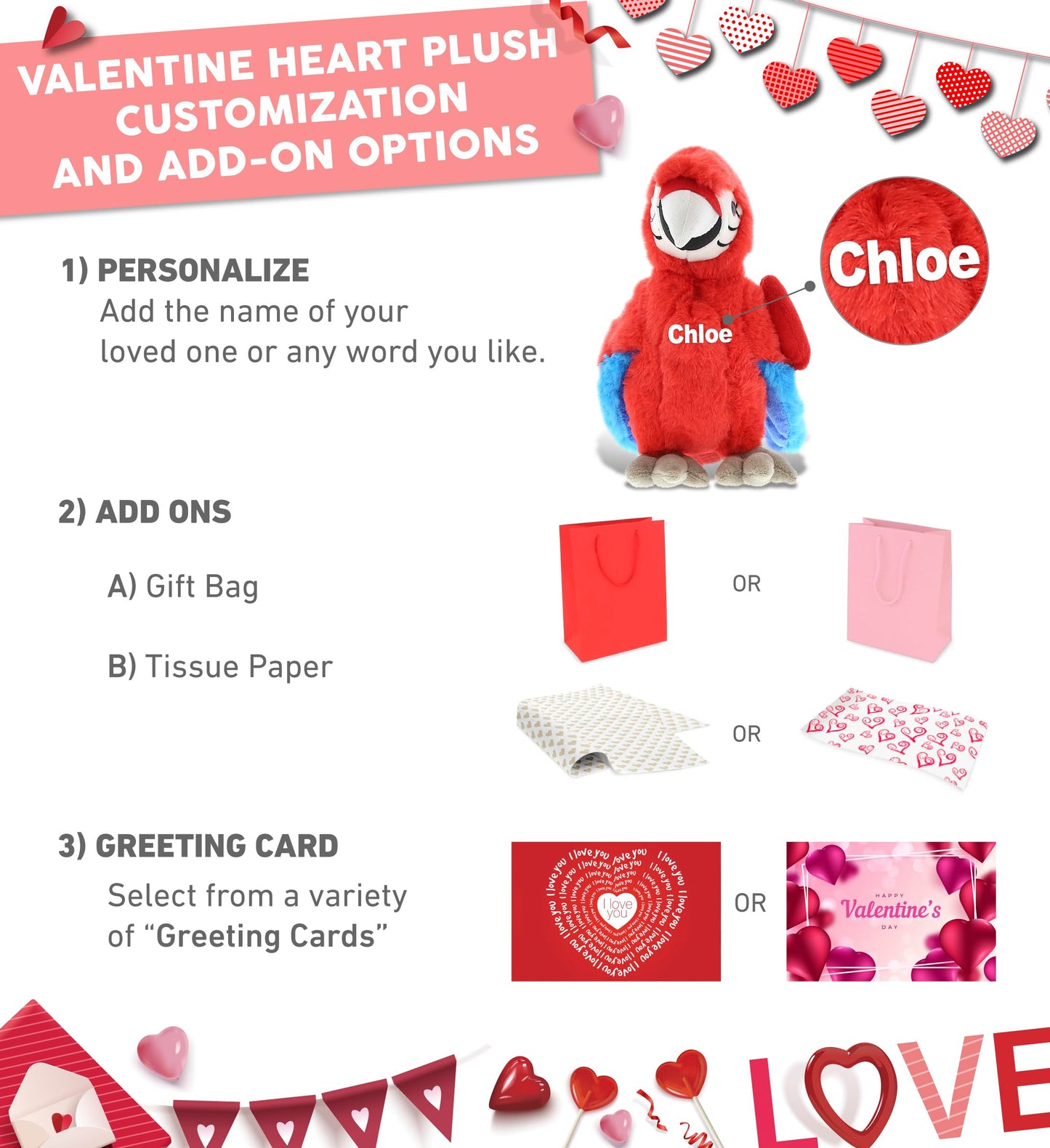 DolliBu I Love You Valentine Plush Tropical Red Parrot - Cute Stuffed Animal with Red Heart and Name Personalization Gift for Valentines Day, Birthday, Anniversary, Romantic Date - 9.5 Inches