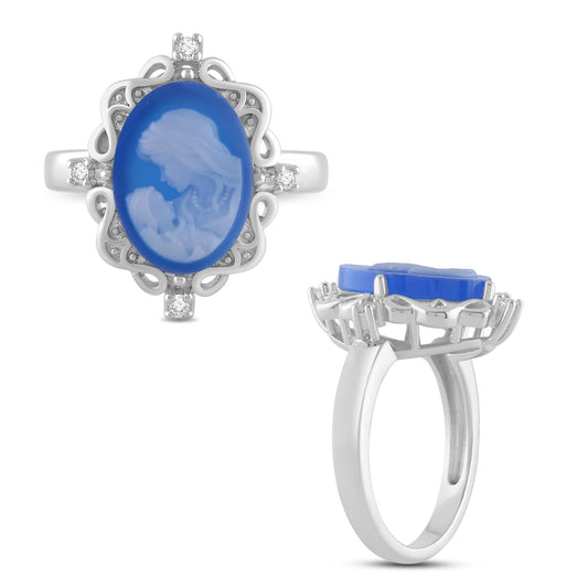 Jewelili Sterling Silver Mother & Child Statement Ring for Women | Blue Agate Cameo & Created White Round Sapphire | Ring Size 7 | Luxury Jewelry Gift for Her | Gift Box Included