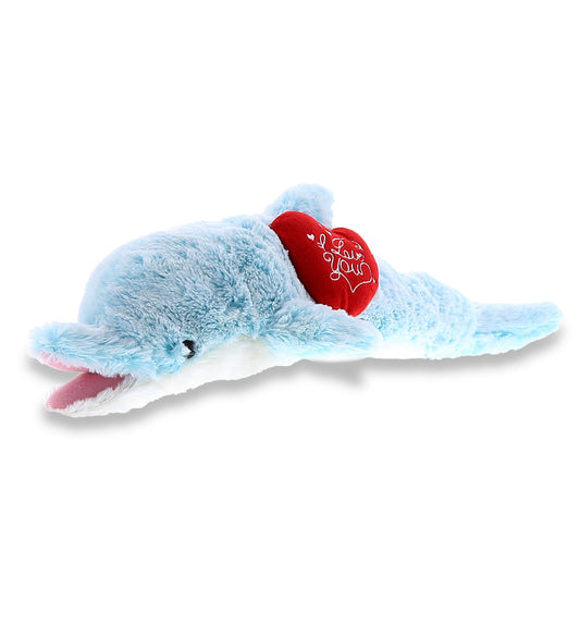 DolliBu I Love You Valentine Plush Blue Dolphin - Cute Stuffed Animal with Red Heart and Name Personalization Gift for Valentines Day, Birthday, Anniversary, Romantic Date - 18 Inches