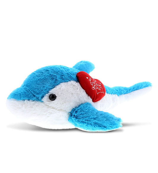DolliBu I Love You Valentine Plush Blue Dolphin - Cute Stuffed Animal with Red Heart and Name Personalization Gift for Valentines Day, Birthday, Anniversary, Romantic Date - 18 Inches
