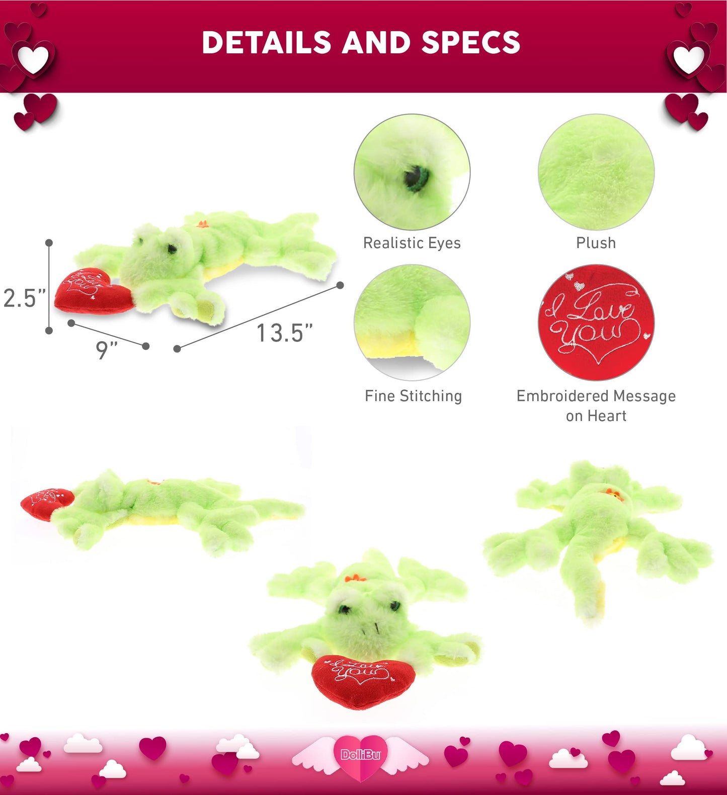 DolliBu I Love You Green Gecko Lizard Plush - Cute Stuffed Animal with Heart and with Name Personalization for Valentines, Anniversary, Romantic Date, Gift - 13.5 Inches