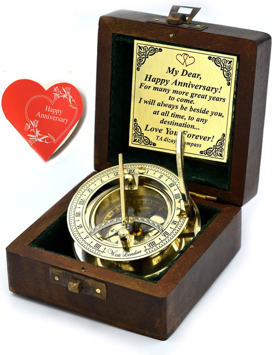 Anniversary Sundial Compass Gift for Him or Her-Unique Gift Ideas for Husband or Wife, Men Wedding Anniversary 50th 40th 25th 20th Year Celebration, Naval Maritime Pocket Watch Clock, Sun Clock