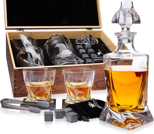 Whiskey Decanter Set by Royal Reserve – Whiskey Gift Set - Twisted Bourbon Decanter 24 oz 750 ml with Glasses, Whiskey Stones, Coasters, Tongs – Whiskey Gifts for Men, Husband, Dad Christmas
