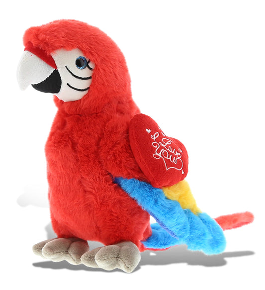 DolliBu I Love You Valentine Plush Tropical Red Parrot - Cute Stuffed Animal with Red Heart and Name Personalization Gift for Valentines Day, Birthday, Anniversary, Romantic Date - 9.5 Inches