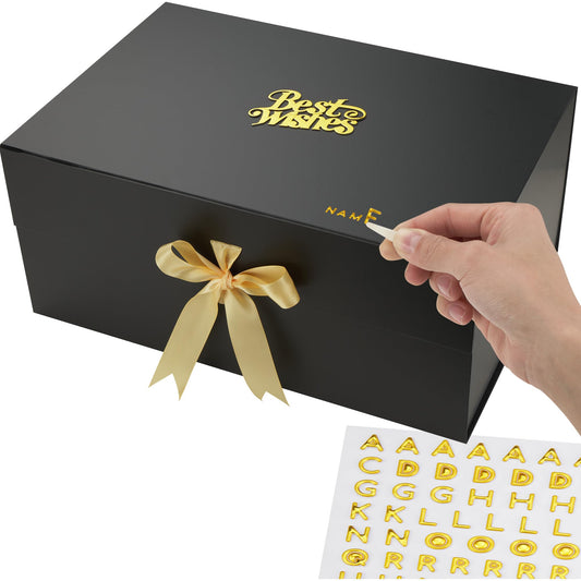 Luxury Black Personalized Gift Box XL (18x12x8"), Instant DIY Lettering Kit for Custom Names & Best Wishes message, Magnetic Lid, Ribbon