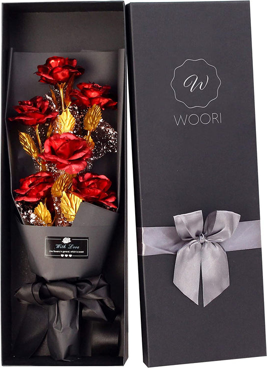 WOORI Gold Rose Bouquet – Elegant Gold-Plated Artificial Roses in Luxury Gift Box for Her, Anniversary, Valentine’s Day, Birthday
