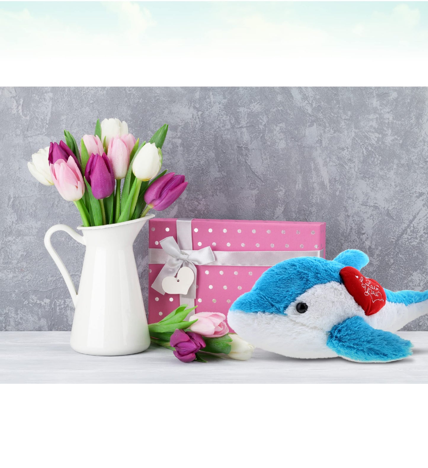 DolliBu I Love You Valentine Plush Blue Dolphin - Cute Stuffed Animal with Red Heart and Name Personalization Gift for Valentines Day, Birthday, Anniversary, Romantic Date - 18 Inches