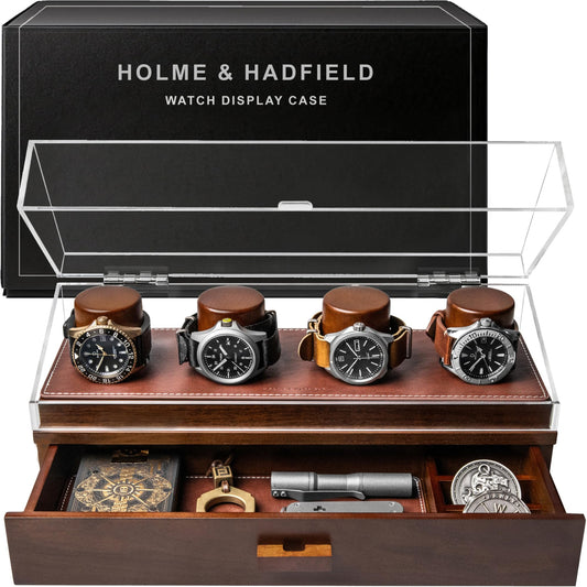 Holme & Hadfield Premium 4-Slot Wooden Watch Display Case – Handcrafted Men’s Watch Box with Accessory Drawer, Hinged Cover, Leather Lining – Birthday Gift for Collectors – Luxury Built to Last