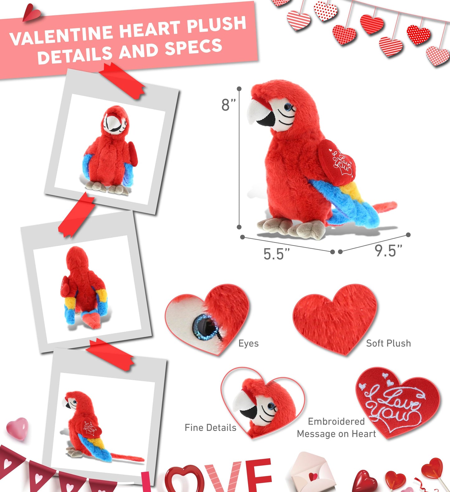 DolliBu I Love You Valentine Plush Tropical Red Parrot - Cute Stuffed Animal with Red Heart and Name Personalization Gift for Valentines Day, Birthday, Anniversary, Romantic Date - 9.5 Inches