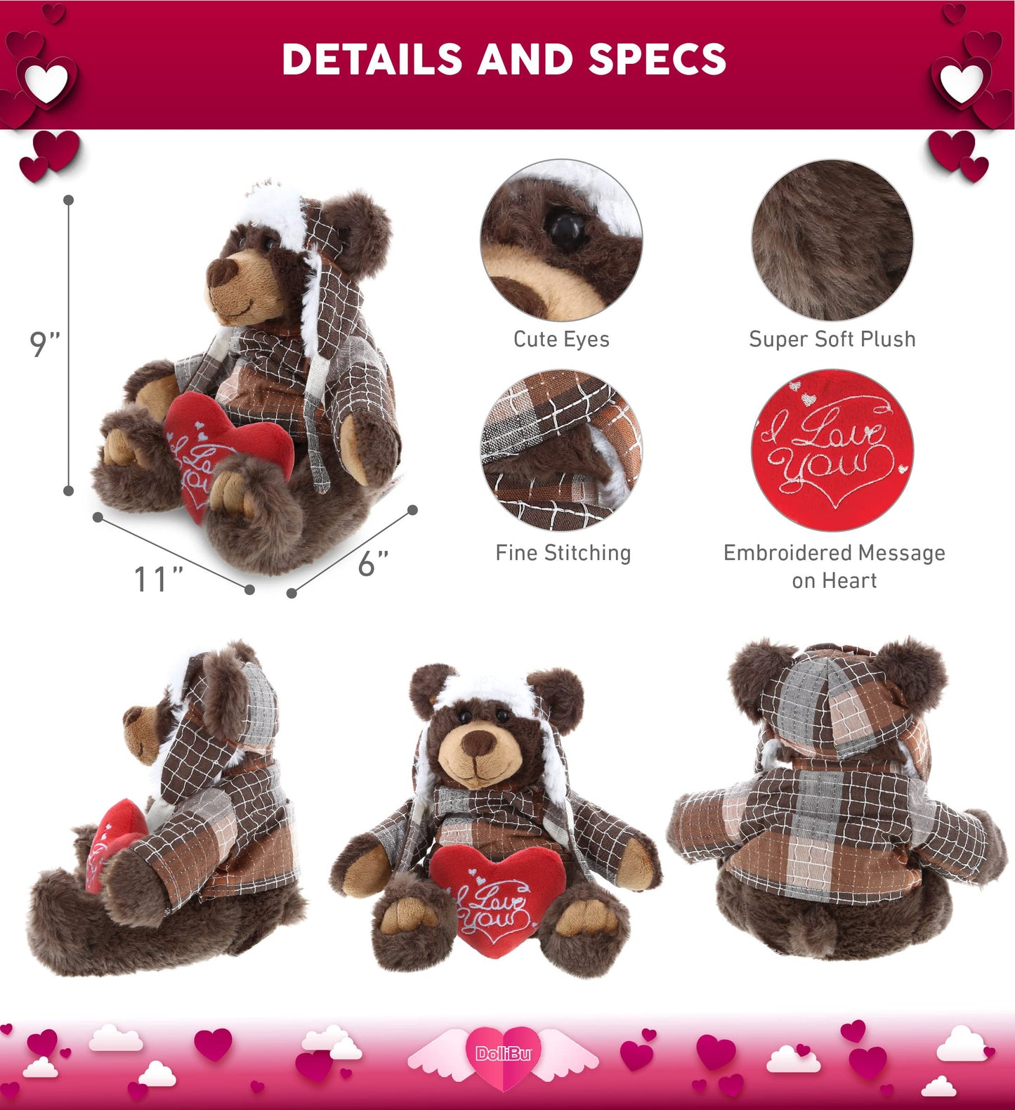DolliBu I Love You Valentine Plush Brown Bear with Clothes - Cute Stuffed Animal with Red Heart and Name Personalization Gift for Valentines Day, Birthday, Anniversary, Romantic Date - 11 Inches