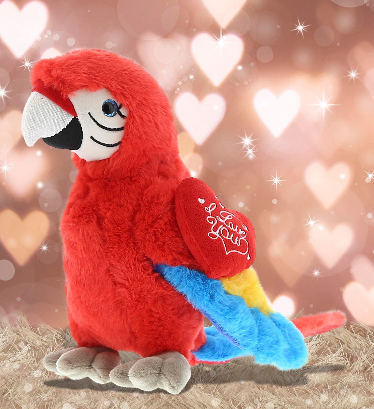 DolliBu I Love You Valentine Plush Tropical Red Parrot - Cute Stuffed Animal with Red Heart and Name Personalization Gift for Valentines Day, Birthday, Anniversary, Romantic Date - 9.5 Inches