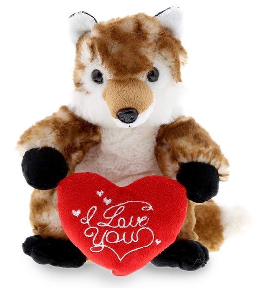 DolliBu I Love You Valentine Plush Brown Fox - Cute Stuffed Animal with Red Heart and Name Personalization Gift for Valentines Day, Birthday, Anniversary, Romantic Date - 9.5 Inches