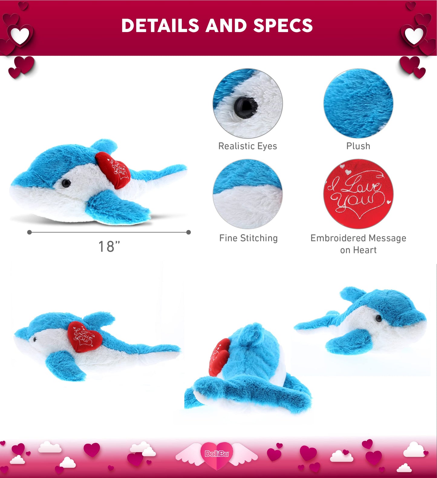 DolliBu I Love You Valentine Plush Blue Dolphin - Cute Stuffed Animal with Red Heart and Name Personalization Gift for Valentines Day, Birthday, Anniversary, Romantic Date - 18 Inches