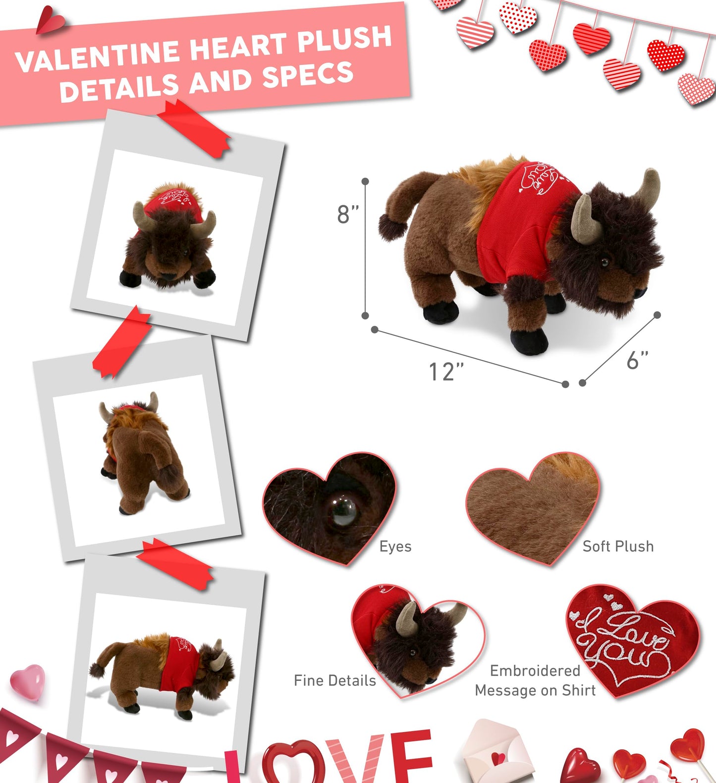 DolliBu I Love You Valentine Plush Buffalo - Cute Stuffed Animal with Red Shirt and Name Personalization Gift for Valentines Day, Birthday, Anniversary, Romantic Date - 13 Inches