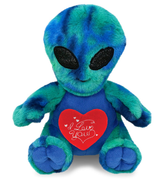 DolliBu I Love You Valentine Plush Blue Tie-Dye Alien - Cute Stuffed Animal with Red Heart and Name Personalization Gift for Valentines Day, Birthday, Anniversary, Romantic Date - 9 Inches