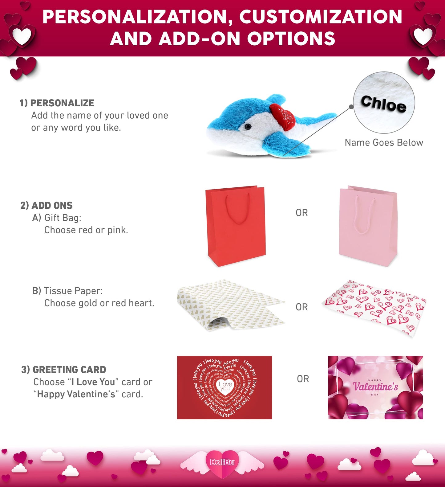 DolliBu I Love You Valentine Plush Blue Dolphin - Cute Stuffed Animal with Red Heart and Name Personalization Gift for Valentines Day, Birthday, Anniversary, Romantic Date - 18 Inches