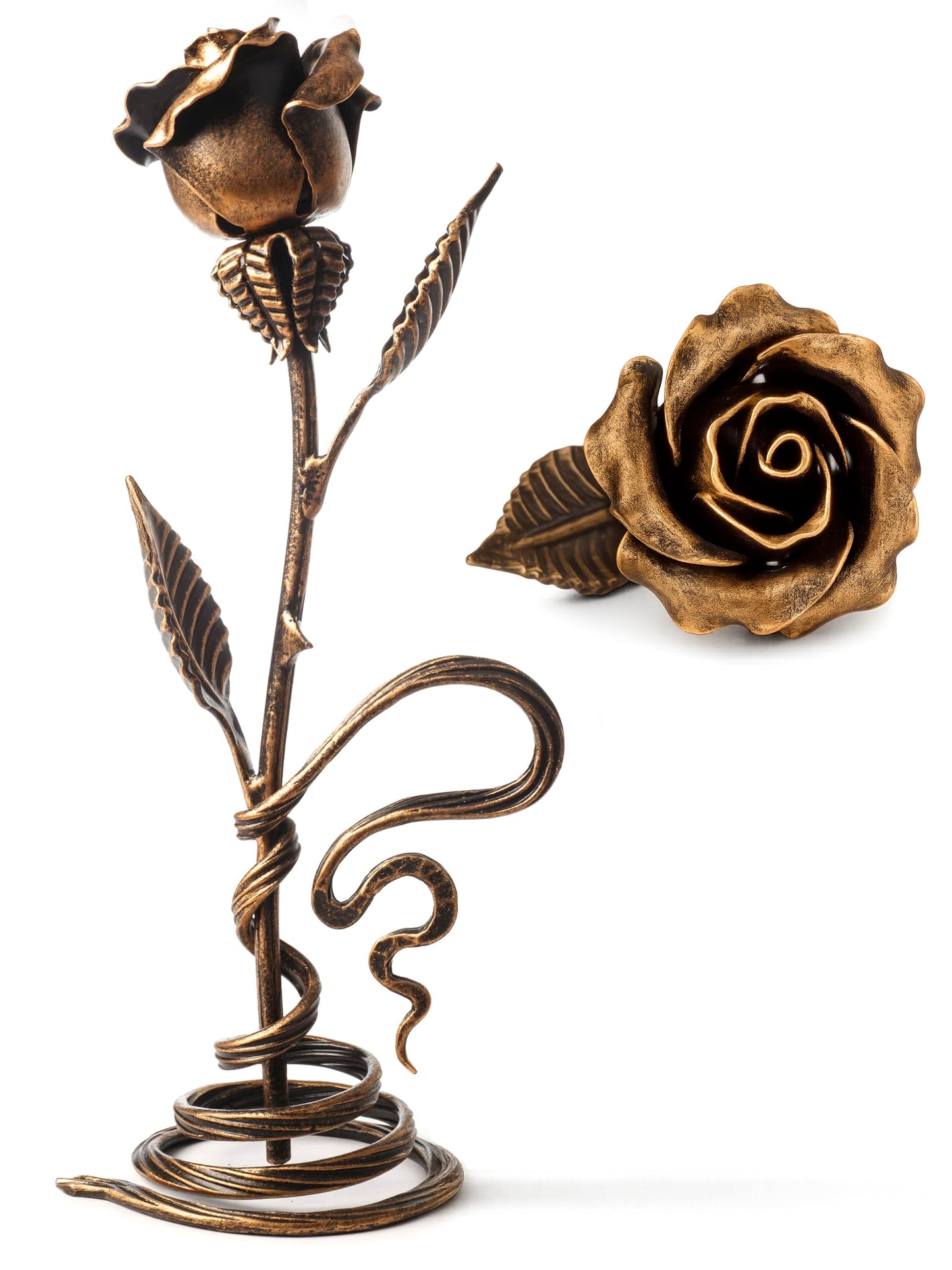 Hand-Forged Bronze Metal Rose with Stand – 8th or 19th for Her, Wife, Husband or Couple – Romantic Eternal Metal Rose Sculpture