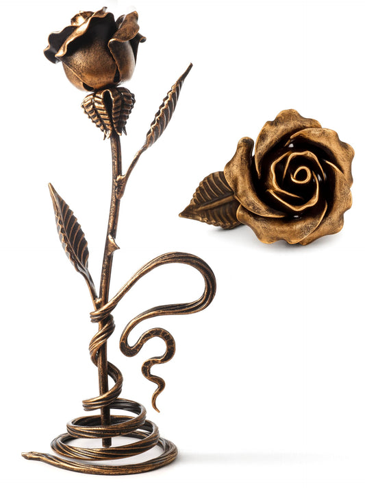 Hand-Forged Bronze Metal Rose with Stand – 8th or 19th for Her, Wife, Husband or Couple – Romantic Eternal Metal Rose Sculpture