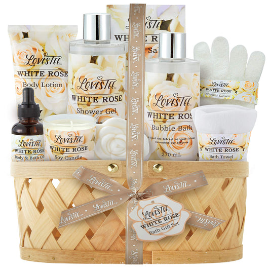 Mothers Day Gifts Bath & Body Spa Gift Basket for Women, Best Gift for Mother's Day & Birthday, White Rose Set Body Lotion, Shower Gel, Bubble Bath, Bath Salt, Towel, Soap, Oil, Candle, Gloves,