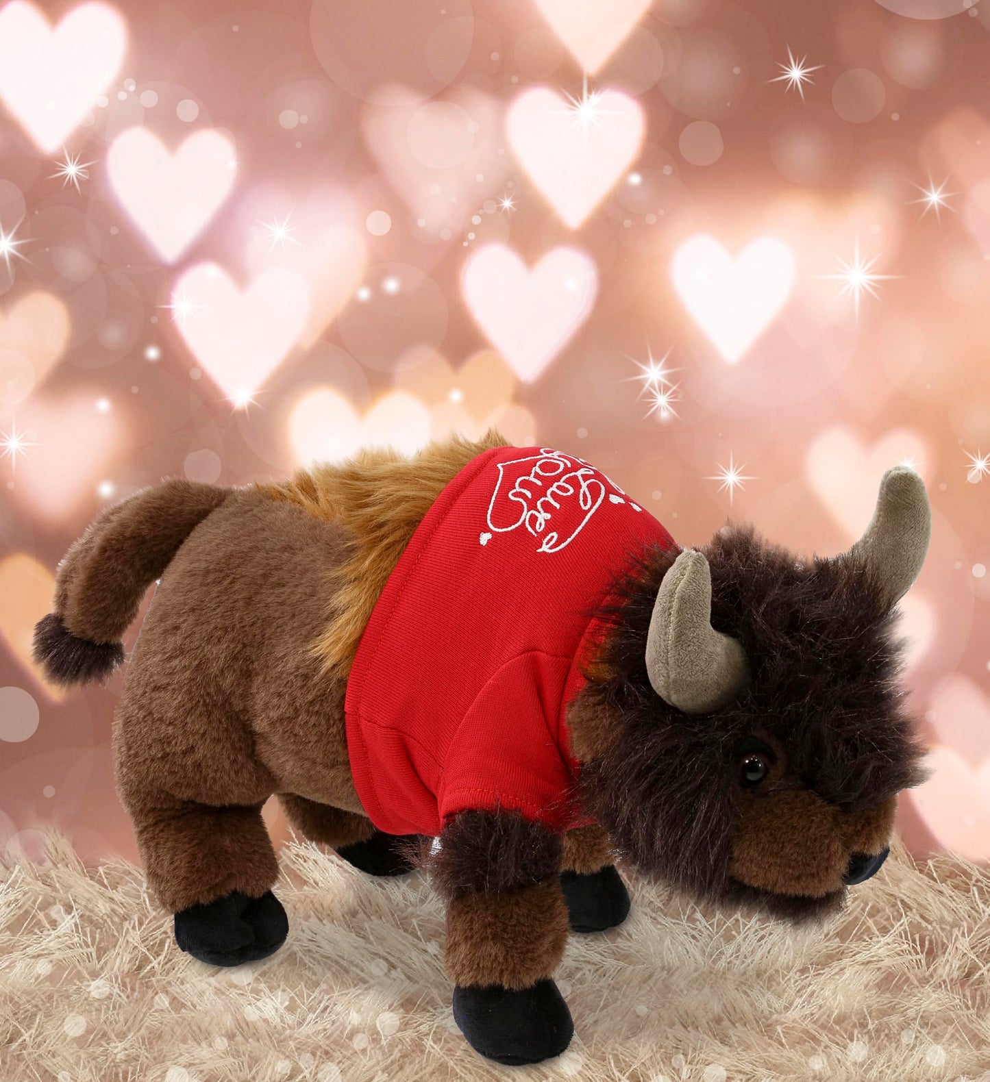 DolliBu I Love You Valentine Plush Buffalo - Cute Stuffed Animal with Red Shirt and Name Personalization Gift for Valentines Day, Birthday, Anniversary, Romantic Date - 13 Inches