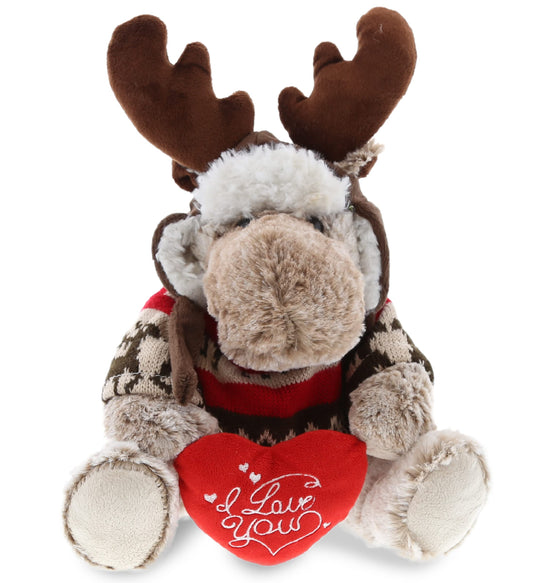 DolliBu I Love You Valentine Plush Moose with Clothes - Cute Stuffed Animal with Red Heart and Name Personalization Gift for Valentines Day, Birthday, Anniversary, Romantic Date - 9 Inches