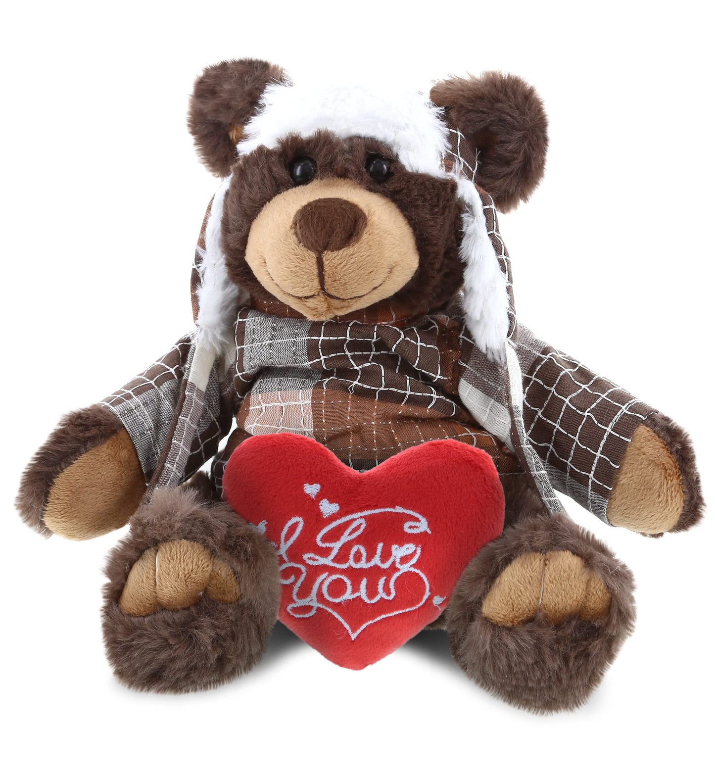 DolliBu I Love You Valentine Plush Brown Bear with Clothes - Cute Stuffed Animal with Red Heart and Name Personalization Gift for Valentines Day, Birthday, Anniversary, Romantic Date - 11 Inches