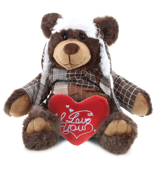 DolliBu I Love You Valentine Plush Brown Bear with Clothes - Cute Stuffed Animal with Red Heart and Name Personalization Gift for Valentines Day, Birthday, Anniversary, Romantic Date - 11 Inches