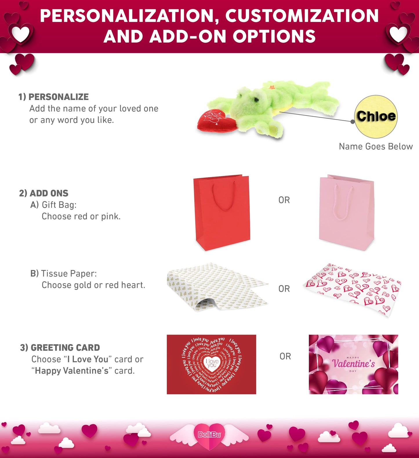 DolliBu I Love You Green Gecko Lizard Plush - Cute Stuffed Animal with Heart and with Name Personalization for Valentines, Anniversary, Romantic Date, Gift - 13.5 Inches