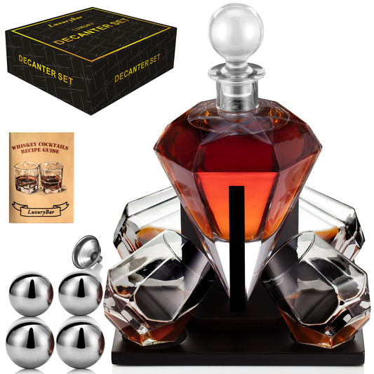 LuxuryBar Diamond Whiskey Decanter Sets for Men with ChillBall &Tray, 26oz Whiskey Decanter Set Liquor Dispenser Bourbon Decanter Whiskey Set Gifts for Men