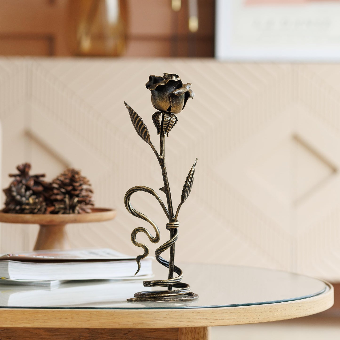 Hand-Forged Bronze Metal Rose with Stand – 8th or 19th for Her, Wife, Husband or Couple – Romantic Eternal Metal Rose Sculpture