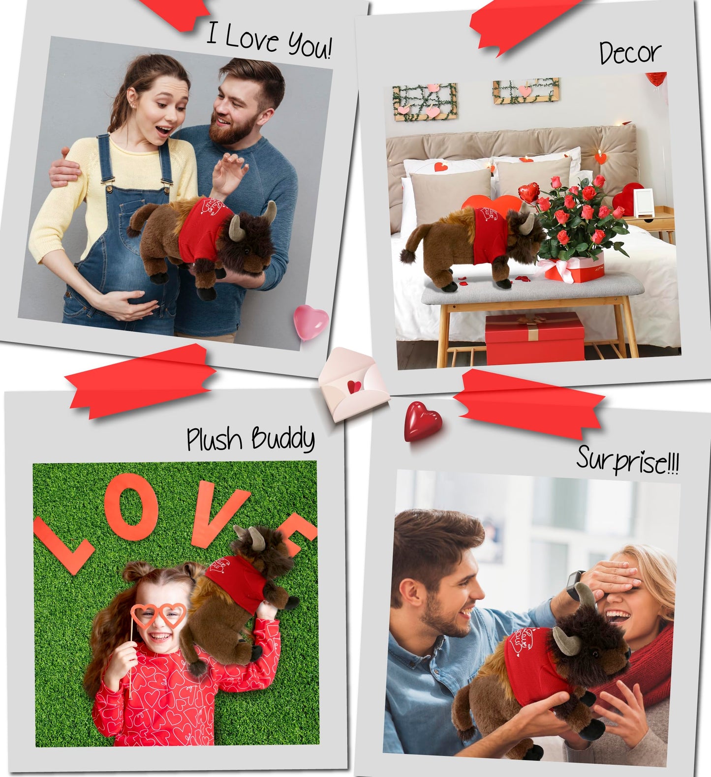 DolliBu I Love You Valentine Plush Buffalo - Cute Stuffed Animal with Red Shirt and Name Personalization Gift for Valentines Day, Birthday, Anniversary, Romantic Date - 13 Inches