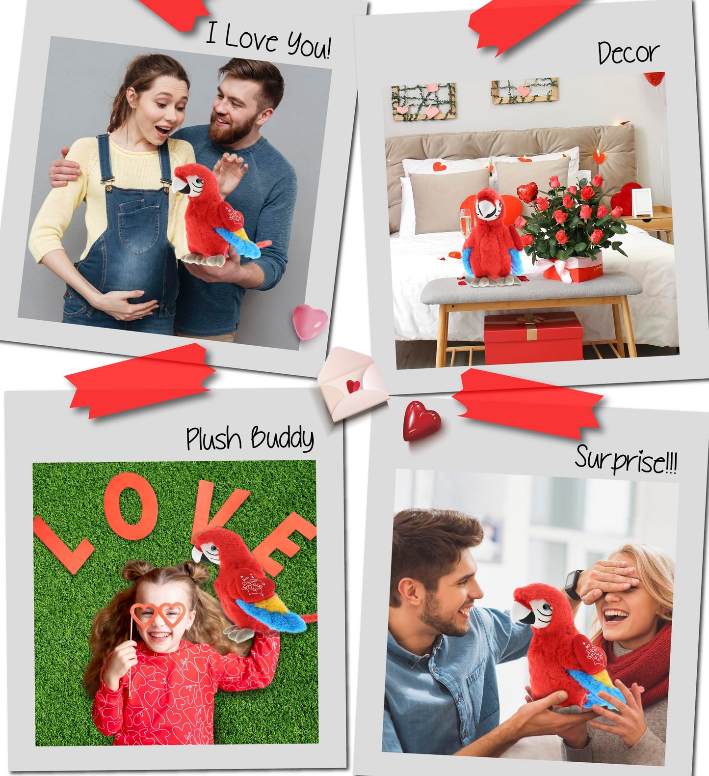 DolliBu I Love You Valentine Plush Tropical Red Parrot - Cute Stuffed Animal with Red Heart and Name Personalization Gift for Valentines Day, Birthday, Anniversary, Romantic Date - 9.5 Inches